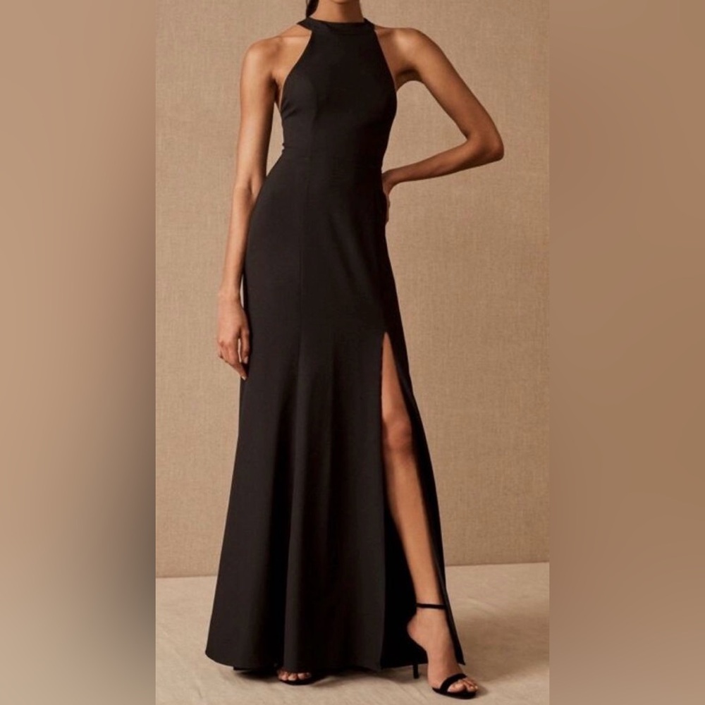 Elegant BHLDN Anthropology Black Maxi Dress with Side Thigh Slit